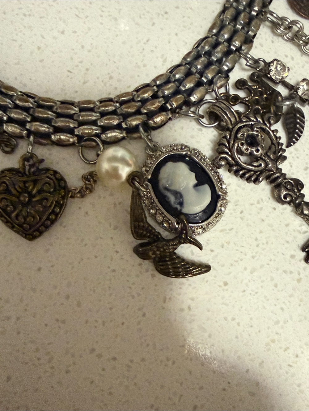 VTG Silver Tone Charm Necklace | Layered Chain Cameo Crown Butterfly Necklace - Picture 7 of 8